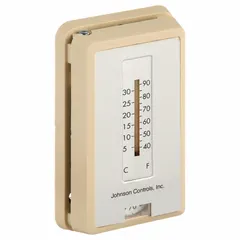 The JOHNSON CONTROLS T-4100-1 is a single-temperature pneumatic thermostat with a temperature control range of 55° to 85°F. It features direct action and a 1 pipe low volume air flow output. Designed for vertical mounting, it includes a cover. This thermostat is used in HVAC systems for regulating temperature in commercial buildings, controlling air flow to actuators or valves.