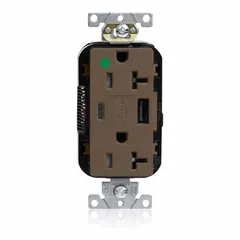 Hospital-grade decorator duplex receptacle with two USB ports (Type A and C). Rated 125V AC, 20 A, 5-20R configuration. Brown finish. Suitable for healthcare and other demanding environments requiring reliable power and device charging.