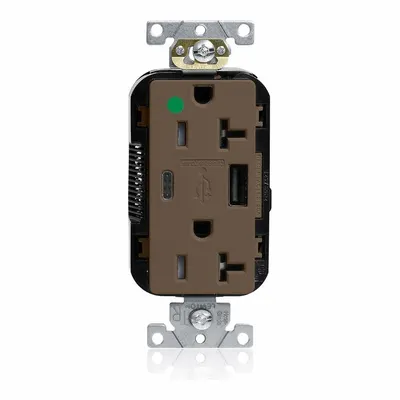 LEVITON Receptacle: Decorator Duplex, 5-20R, 2 USB Ports, USB Type A/C, Brown, 125V AC - Hospital-Grade Receptacles with USB Chargers