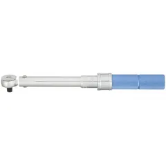 Ratcheting micrometer torque wrench with 3/8 in square drive. Torque range 15 ft-lb to 80 ft-lb, dual-scale in foot-pounds and newton-meters. Tether capable. Used for precise tightening of fasteners in mechanical and industrial applications.