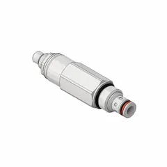 Screw-in, two-way pressure control cartridge valve with screw adjustment. Constructed of steel with a polyurethane seal. Designed for C08-2 valve cavity size. Used in hydraulic systems to limit system pressure and protect components from overpressure conditions.