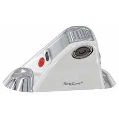 Centerset brass faucet with chrome finish. Motion sensor activates water flow for touch-free operation. Powered by 9V DC plug-in source. Connects to hot and cold water supply lines.