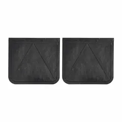 Black rubber mud flaps for rear vehicle mounting. Each flap measures 18 inches in height, 20 inches in width, and 1/4 inch in thickness. Sold as a pair (1 PR). Suitable for use on heavy-duty trucks and trailers to reduce road spray and debris.