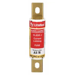 The LITTELFUSE JLS070 is a Class J, fast-acting, non-indicating bolt-on fuse rated 70 A and 600 V AC. Its bolt-on body design provides secure installation in compatible fuse holders. Typical applications include overcurrent protection in power distribution systems such as motor control centers and panelboards.