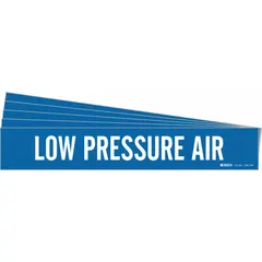 Blue adhesive pipe marker with white legend reading 'Low Pressure Air'. Designed for pipe outer diameters of 8 inches and larger. Pack of 5 markers without arrows. Used to identify low-pressure air lines in industrial piping systems.
