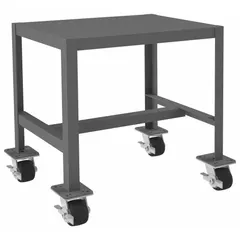 Steel-top mobile worktable with a 24 in x 18 in work surface and 2000 lb overall load capacity. Fully assembled with welded-only frame construction, powder-coated finish, and fixed height. Equipped with four swivel locking casters with phenolic wheels for mobility. Suitable for industrial workshops, assembly lines, and maintenance areas.
