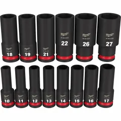 This 14-piece metric impact socket set includes sockets from 10 mm to 27 mm with a 1/2 in drive. Designed for use with impact wrenches, it features a friction retention mechanism to securely hold fasteners during high-torque applications.
