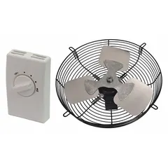 This gable-mount attic exhaust fan from Dayton features a standard-efficiency electric motor delivering up to 1,060 cfm of airflow, suitable for attics up to 1,500 sq ft. It operates at 120V AC and 1.0 A, includes a guard and built-in thermostat for automatic temperature control, and is designed for gable mounting only. The unit does not include a humidistat or shutter.
