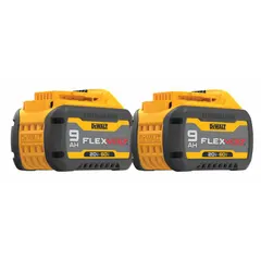 The DEWALT DCB609-2 is a FLEXVOLT battery pack with 9 Ah capacity, operating at 20V DC or 60V DC. It automatically changes voltage when used with compatible 20V MAX or 60V MAX tools, providing extended runtime for high-drain applications such as cutting, grinding, and drilling. This pack includes two batteries.