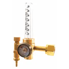 This flowmeter regulator combines flow measurement and pressure regulation in a single device for Carbon Dioxide gas. It features a CGA 320 inlet connection for standard CO2 cylinder attachment and a 5/8"-18 female right-hand outlet. Typical applications include welding, beverage dispensing, and laboratory use where precise CO2 flow control is required.