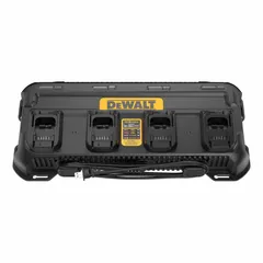 Multi-port battery charger for 20V DC batteries, operating on 120V AC input. Features rapid charging capability and includes one 12V DC output. Suitable for job sites and workshops requiring simultaneous charging of multiple batteries.