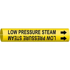 Yellow snap-on pipe marker with black legend text reading 'Low Pressure Steam' and directional arrows. Fits pipe outer diameters from 3/4 to 1-3/8 inches. Used to identify low-pressure steam lines in industrial piping systems, aiding in compliance with pipe identification standards.