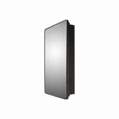 Wall-mounted mirrored medicine cabinet with a black frame and round-edge mirror. Constructed of glass, it measures 24 inches wide by 36 inches high. Not lighted, suitable for bathroom storage and grooming where ambient lighting is available.