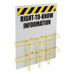 This wall-mount safety station provides a centralized location for Right-to-Understand compliance materials, such as SDS sheets and training posters. With a 20-inch overall height, it is designed for wall installation. Mounting hardware is not included.