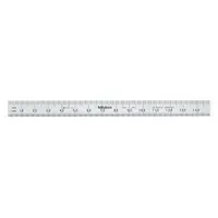 This stainless steel flexible rule measures 150 mm in length with 0.5 mm graduation and 0.02 inch thickness. It features a chrome finish with black etched decimal markings and an inside-read design. The flexibility allows for linear measurement in curved or confined spaces where a rigid ruler cannot conform