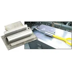 Stainless steel shovel holder with plain finish, designed for heavy dump truck applications. Spring mechanism secures shovels or round-handled tools for organized storage and transport.