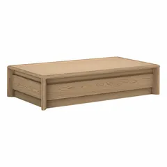 Polyethylene platform bed frame in Heritage Oak finish. Overall dimensions 82 in length, 42 in width, 18 in height. ISO type. Suitable for residential or light-commercial sleeping applications, accommodating standard mattresses without a box spring.