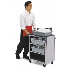 This enclosed stainless steel cart from LAKESIDE features four shelves and a 300 lb maximum load capacity. The Gray Sand finish and single swivel caster facilitate movement in commercial kitchens, laboratories, and healthcare settings. Overall height is 32 3/4 inches.