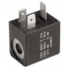 Solenoid coil for Parker inline air control valves. 12V DC operation, 22 mm coil size, plug-in connection with DIN 43650 Form B interface. IP65 rated for dust and water ingress protection. Operating temperature range 14°F to 120°F.