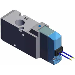 Three-way, two-position solenoid valve with single solenoid, normally closed configuration. Ports are female 1/4 NPTF. Operates on 24V DC. Used for on/off control of pneumatic actuators and cylinders in industrial automation systems.