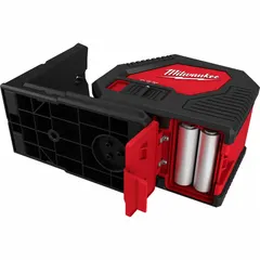 This cross-line laser level projects two green lines for horizontal and vertical alignment. It features electronic self-leveling and operates on AA batteries. Typical applications include layout and leveling tasks in construction and remodeling.
