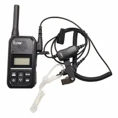 UHF analog handheld two-way radio with 2 W output, 16 channels, and alphanumeric display. Black housing, powered by a Li-Ion battery providing 15 hours of operation. Includes earpiece kit. Requires FCC license for operation.