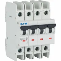 This 4-pole miniature circuit breaker features a C-Curve trip characteristic and is UL489 listed for DIN rail mounting. Rated 277/480V AC with a 40 A current rating and 10 kA interrupting capacity at 277/480V AC. Screw-type terminals facilitate wiring. Suitable for overcurrent protection in branch circuits, motor protection, and distribution boards in industrial and commercial electrical panels