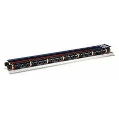 Stainless steel branch manifold for plumbing and heating systems. Features 39 inlets and 36 outlets with 1 in and 1/2 in connections. Rated for maximum operating pressure of 100 psi. Used to distribute water from a single supply to multiple branch lines in hydronic installations.