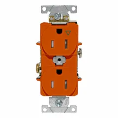 This isolated ground duplex receptacle is rated 125V AC and 15A with a 5-15 configuration. The orange housing distinguishes it for isolated ground applications. It is used in commercial and industrial settings to reduce electrical noise on the ground path for sensitive electronic equipment.