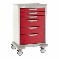 Steel cart with taupe cabinet and red drawers, configured with two swivel casters and two swivel casters with brakes. Used in healthcare facilities to organize and transport medical supplies, instruments, and medications