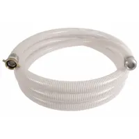This clear PVC hose assembly with PVC helix reinforcement is used for water suction and discharge in industrial, agricultural, and construction applications. It has a 1 1/2 in inside diameter, 50 ft length, and is rated for 90 psi and temperatures from -10° to 130°F