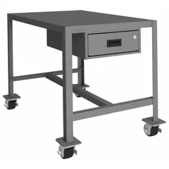Fully assembled steel-top mobile worktable with a 36 x 24 inch powder-coated top and welded frame. Fixed height design with 2000 lb overall load capacity. Equipped with four swivel locking casters with phenolic wheels and a single drawer (19-1/4 x 13-5/16 x 4-15/16 in). Suitable for assembly, inspection, and light fabrication tasks in industrial workshops and maintenance areas.