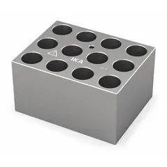 Dry block heater with 12 wells of 17 1/8 mm diameter for 15 mL sample tubes. Constructed of anodized aluminum, overall dimensions 3 in length by 3 3/4 in width. Includes a thermometer well for temperature monitoring. Used in laboratory heating applications requiring consistent temperature control of multiple samples.