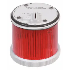 Red multimode light module for 200 Class series stacklight towers. Operates on 120V AC with a 70 mm diameter. Provides flashing or steady illumination for machine status, alarm, or process indication in industrial environments.