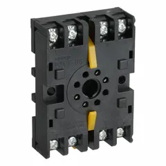 The OMRON P2CF-08 is an 8-pin socket rated at 5 A, designed for both DIN-rail and surface mounting. It is used in industrial control panels and automation systems to provide a secure connection for relay and timer bases.