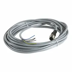 Single-ended cordset with M12 male straight connector and bare-wire termination. 5-pin, 22 AWG, 5 m cable length, 3 A max current. Gray PVC jacket rated IP67. Suitable for connecting sensors or actuators in industrial automation where flexing and environmental protection are required.