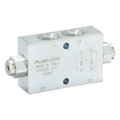 Double pilot-operated check valve with steel body. Inlet and outlet connections are #10 SAE O-Ring Boss. Used in hydraulic systems to block flow in one direction and allow free flow in the opposite direction when pilot pressure is applied, commonly employed in mobile and industrial equipment for actuator locking and load drift prevention.