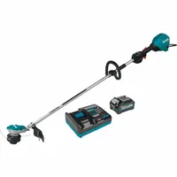 Battery-powered string trimmer with 15-inch cutting width, equivalent to 25 cc gas engine. Includes one 4.0 Ah battery and charger. Suitable for trimming grass and weeds along fences, walls, and garden beds in residential and commercial landscaping