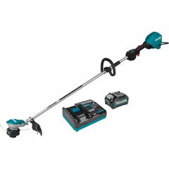 Battery-powered string trimmer with 15-inch cutting width, equivalent to 25 cc gas engine. Includes one 4.0 Ah battery and charger. Suitable for trimming grass and weeds along fences, walls, and garden beds in residential and commercial landscaping.