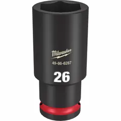 This 1/2" drive deep impact socket is designed for use with impact tools on metric fasteners. The 26 mm, 6-point profile provides secure engagement, while the friction retention helps hold the socket on the anvil. The black phosphate coating offers corrosion resistance. Suitable for applications requiring high torque and access to recessed fasteners.