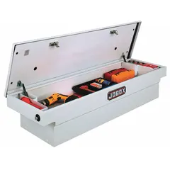 This single-lid crossover box is constructed of steel with a white finish. It has an overall width of 71 inches. Designed for mounting behind a pickup truck cab, it provides secure, weather-resistant storage for tools and equipment in construction, maintenance, and field-service applications.