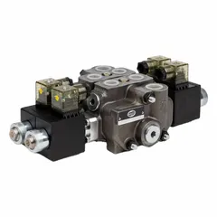 This stack valve working section is a four-way, three-position directional control valve with a maximum flow rate of 13 gpm. It features electrical actuation and spring-centered to neutral spool action. Work port connections are #10 SAE O-Ring Boss. Typical applications include directional control of hydraulic actuators in mobile equipment and industrial machinery.