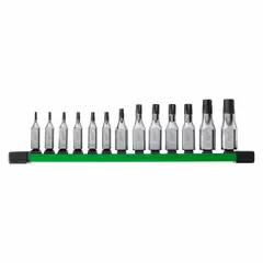 This 25-piece Torx bit socket set includes 13 bit sockets covering sizes T8 to T60. It features a fixed insert design with 1/4 in and 3/8 in drive sizes and an overall length of 10 7/8 in. Suitable for driving Torx fasteners in automotive, construction, and industrial assembly applications.