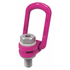 This pivot and rotate hoist ring from RUD CHAIN is designed for overhead lifting applications. It features a steel body with a pink powder-coated bail and an M24 thread size, with a maximum load capacity of 9,920 lb. Suitable for use in industrial rigging and heavy equipment handling.