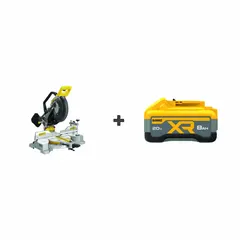 This DEWALT cordless miter saw features a 10-inch blade with a maximum speed of 4,900 RPM. It is a non-sliding model designed for portability on job sites. The saw is powered by one 8.0 Ah battery (included) but does not include a charger. Typical applications include cutting wood, trim, and molding in framing, flooring, and finish carpentry.