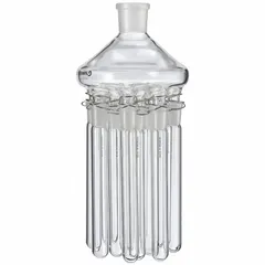 Colorless round glass distilling flask with 20 mL capacity. Features a 24/40 compatible stopper size. Used for solvent removal and concentration in rotary evaporation applications.