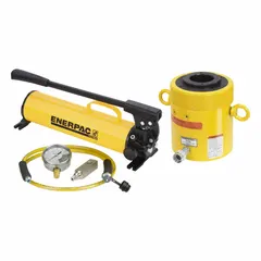 The ENERPAC SCH1003H set combines a 100 ton hollow ram cylinder (RCH1003) with a 3 in stroke, a P80 hand pump, and a GP10S gauge. The hollow ram design allows for both pulling and pushing through the center hole, suitable for tensioning, bearing removal, and structural alignment tasks.