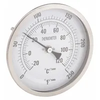 This back-mount fixed-angle thread-mount dial thermometer features a 5-inch dial diameter and a 4-inch stem length. It measures temperature from 0°F to 250°F and -20°C to 120°C with accuracy of ±1% from 41°F to 200°F and ±1.5% otherwise. Suitable for installation in pipes or tanks for direct temperature reading in industrial processes and HVAC systems