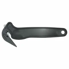 Disposable single-hook safety cutter with a straight handle and plain edge. Features a carbon steel blade with black finish. Overall length of 6 1/2 inches. Suitable for cutting film, shrink wrap, and packaging materials in industrial and warehouse settings.