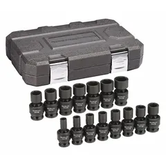 This SAE impact socket set features a manganese phosphate finish for corrosion resistance and a friction ball retention mechanism to securely hold sockets on impact tools. The 3/8 in drive set covers a socket size range of 10 mm to 24 mm, suitable for heavy-duty fastening tasks in automotive repair and industrial maintenance.